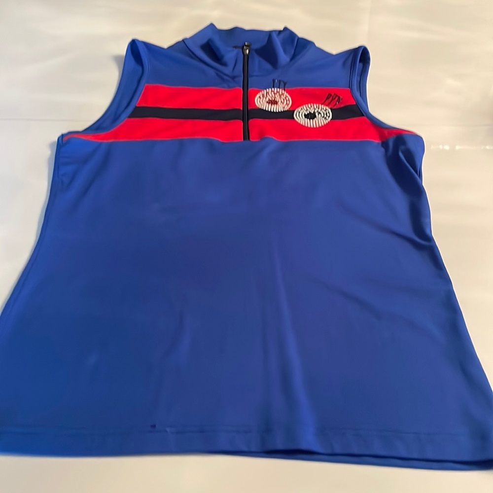 Golfino sleeveless golf top. Blue and red with beaded design element